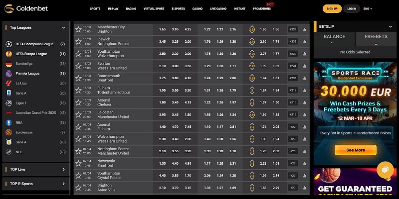 Goldenbet – skärmdump av sportsboken